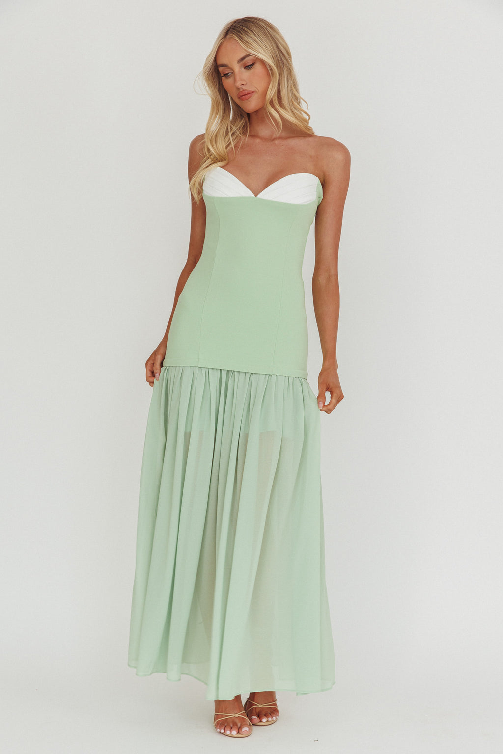 Unspoken Sweetheart Neckline Sheer Hem Maxi Dress Sage by Selfie Leslie