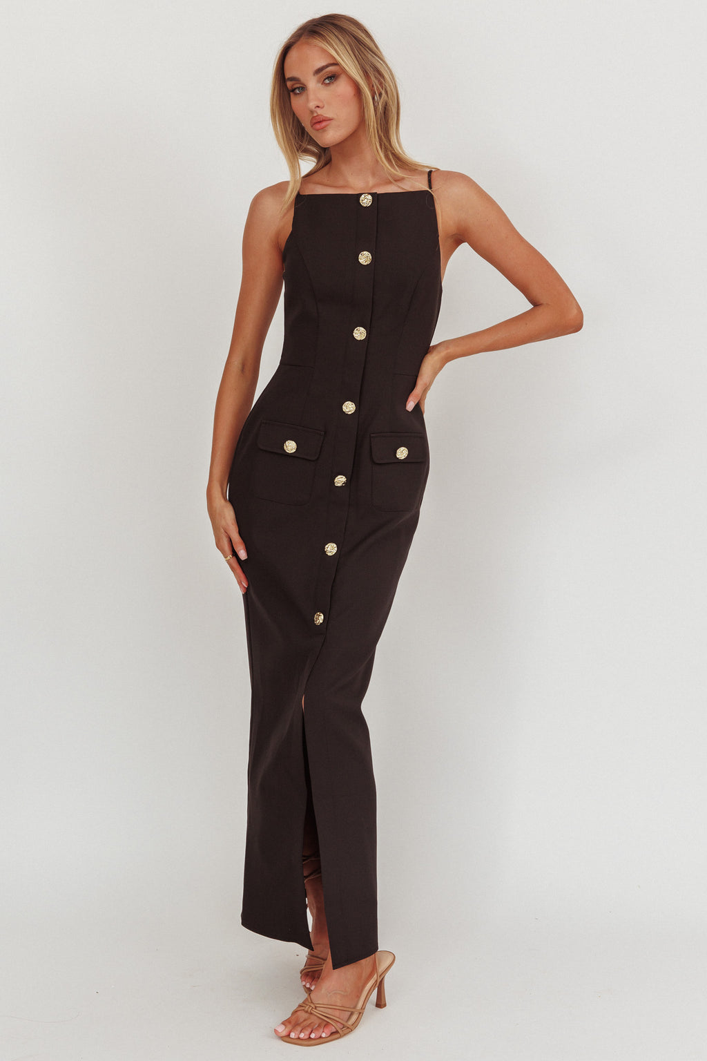 Harlin Button Decoration Maxi Dress Black by Selfie Leslie