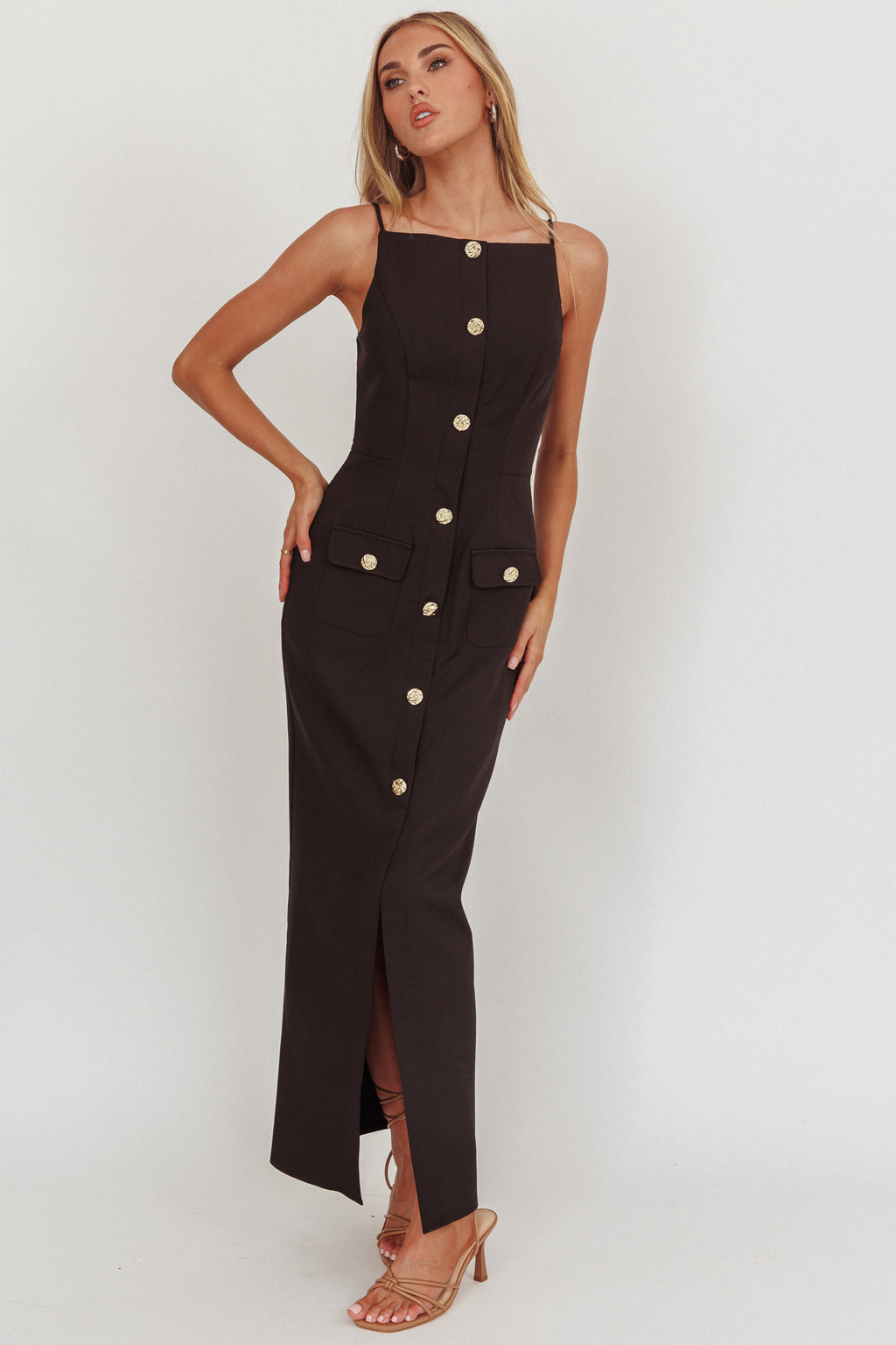 Harlin Button Decoration Maxi Dress Black by Selfie Leslie