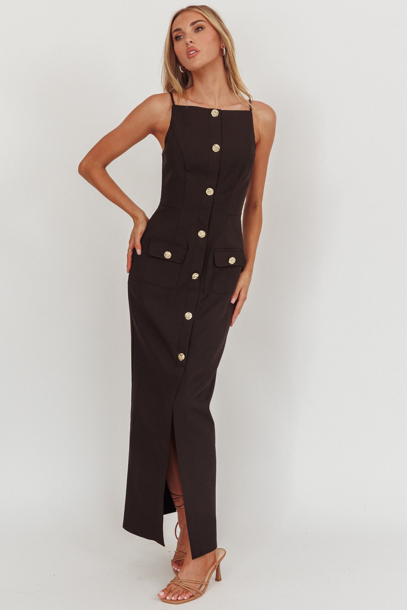 Harlin Button Decoration Maxi Dress Black by Selfie Leslie