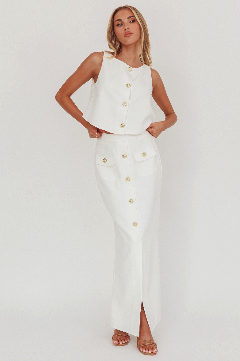 Bondi Sunset Faux Button Placket Maxi Skirt White by Selfie Leslie