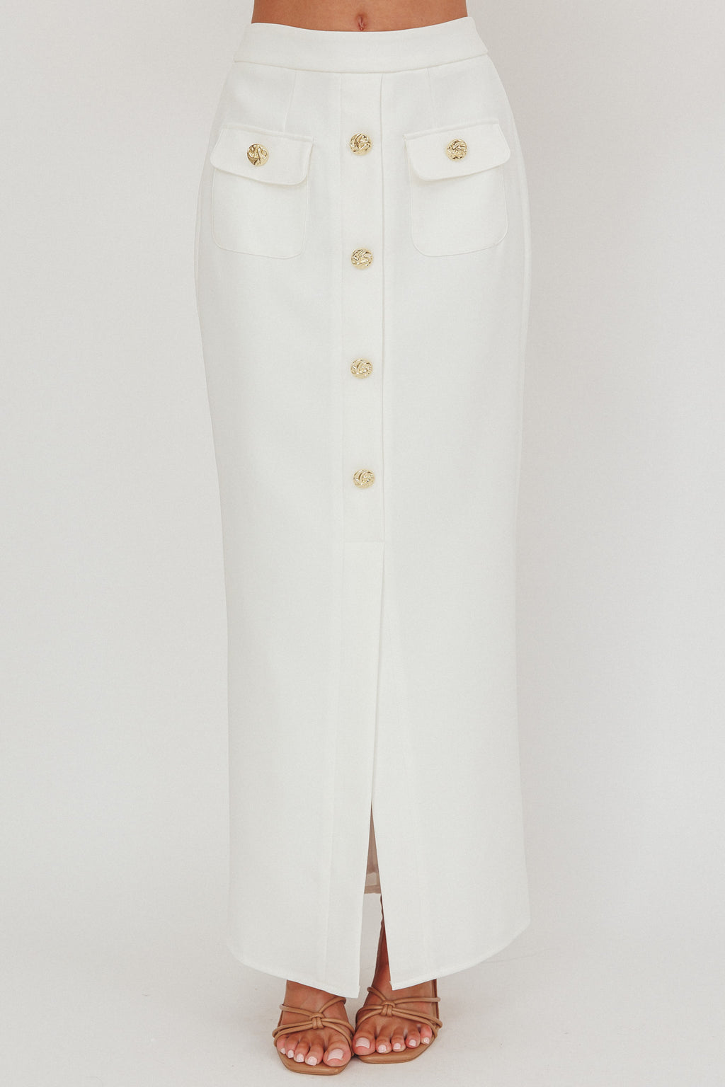 Bondi Sunset Faux Button Placket Maxi Skirt White by Selfie Leslie
