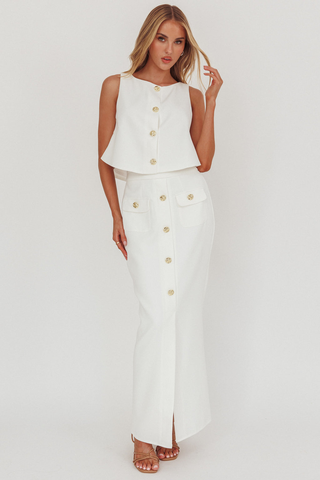 Bondi Sunset Faux Button Placket Maxi Skirt White by Selfie Leslie