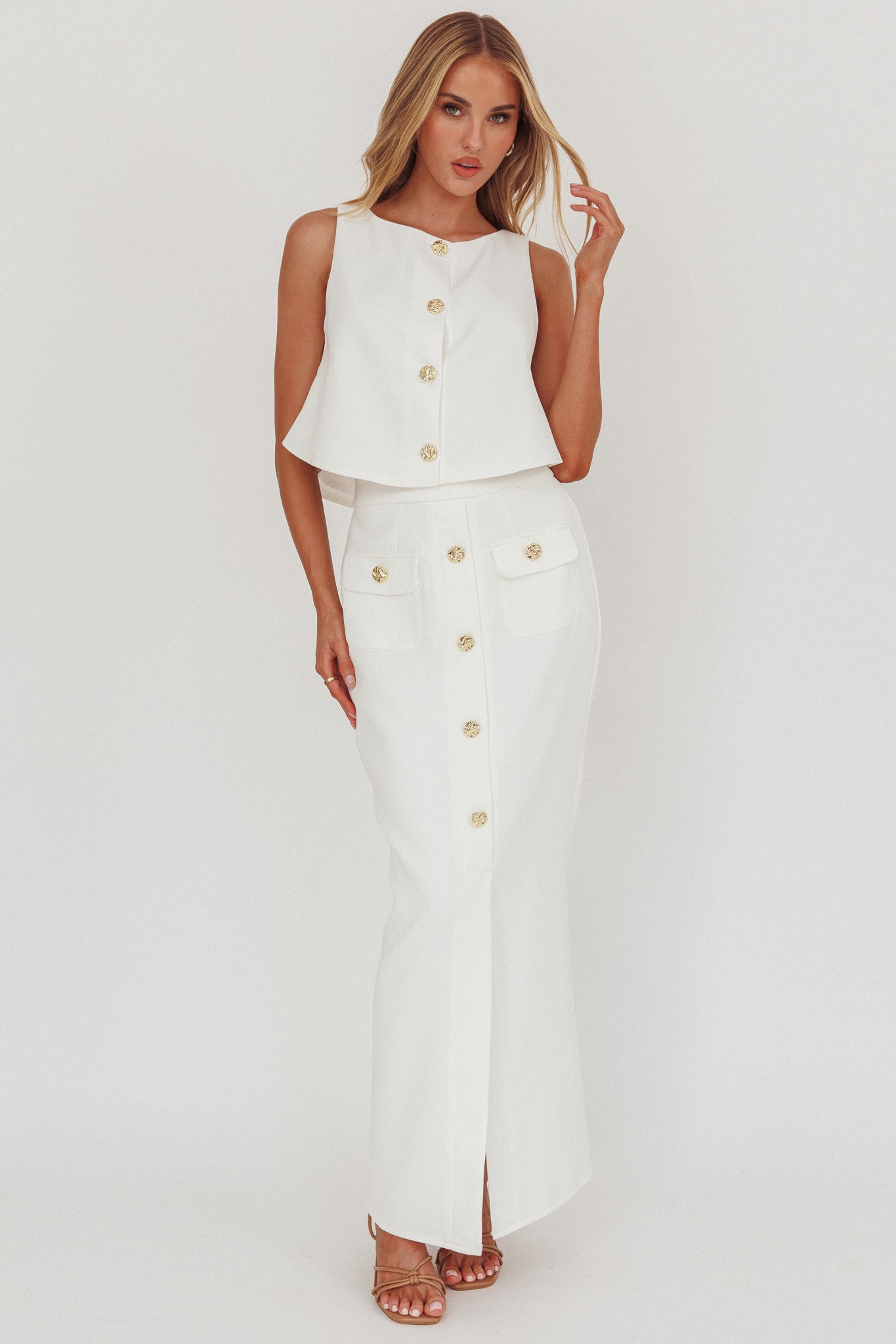 Bondi Sunset Faux Button Placket Maxi Skirt White by Selfie Leslie