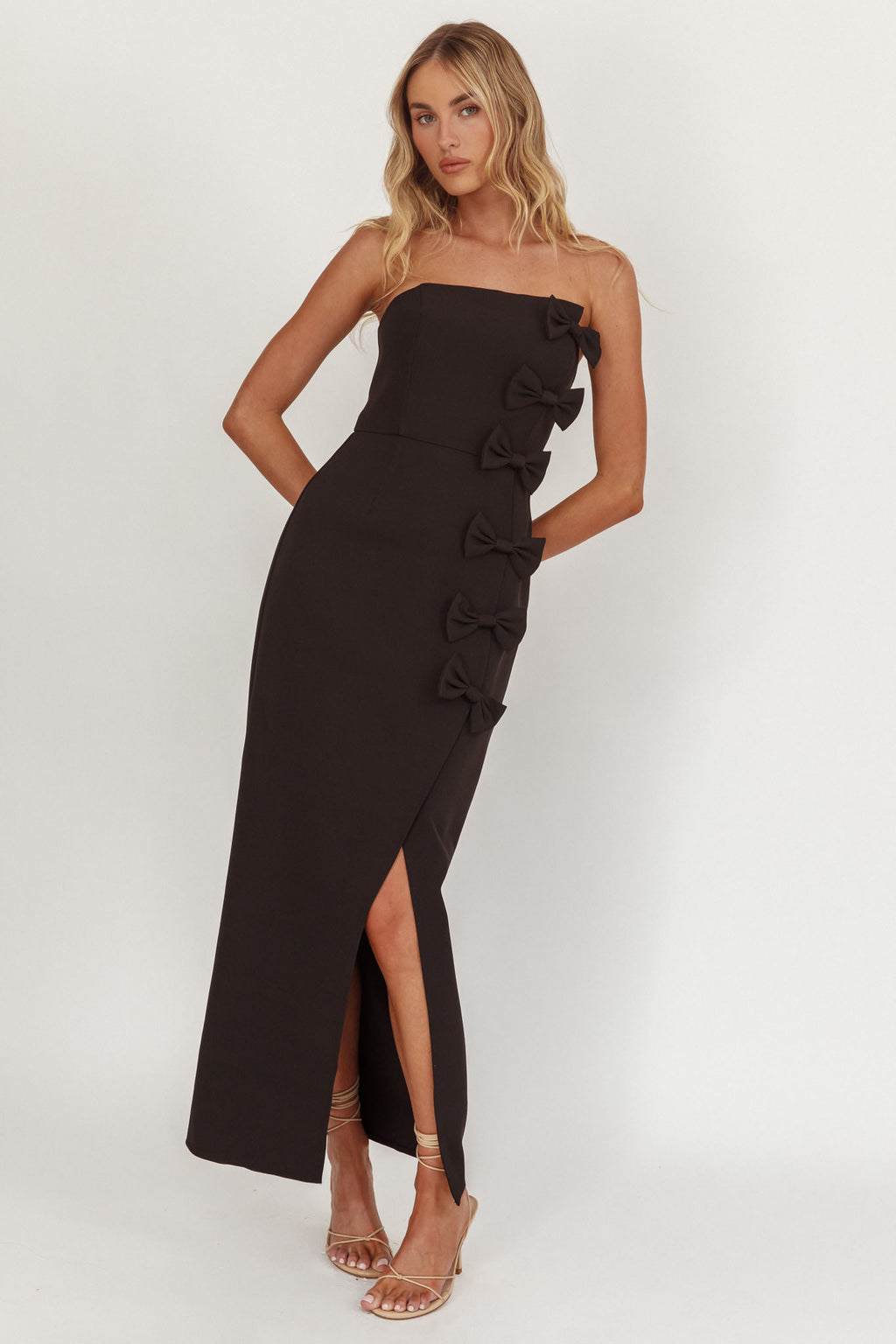 Samanntha Strapless Bow Detail Midi Dress Black by Selfie Leslie