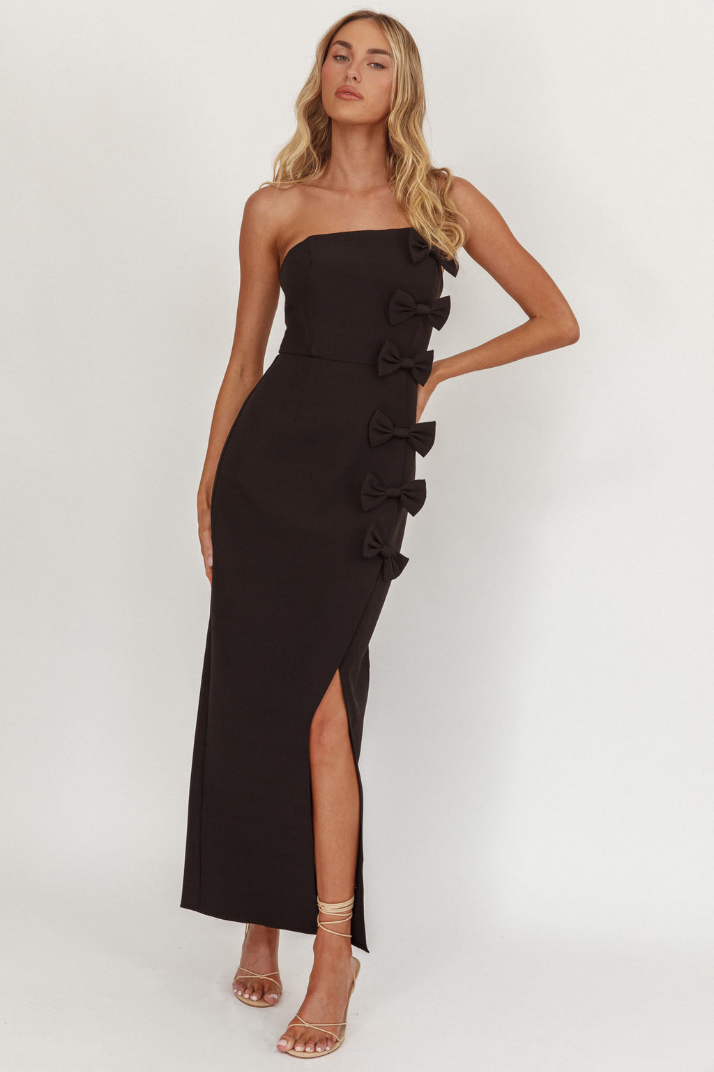 Samanntha Strapless Bow Detail Midi Dress Black by Selfie Leslie
