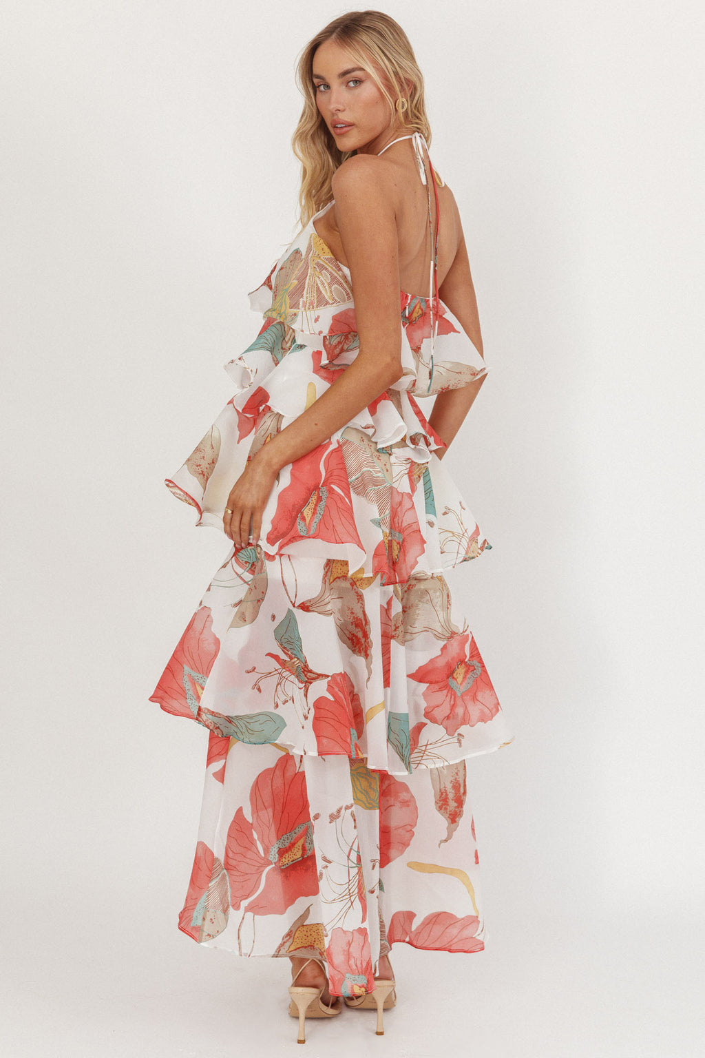 Darylyn Tiered Ruffle Maxi Dress Floral Red by Selfie Leslie