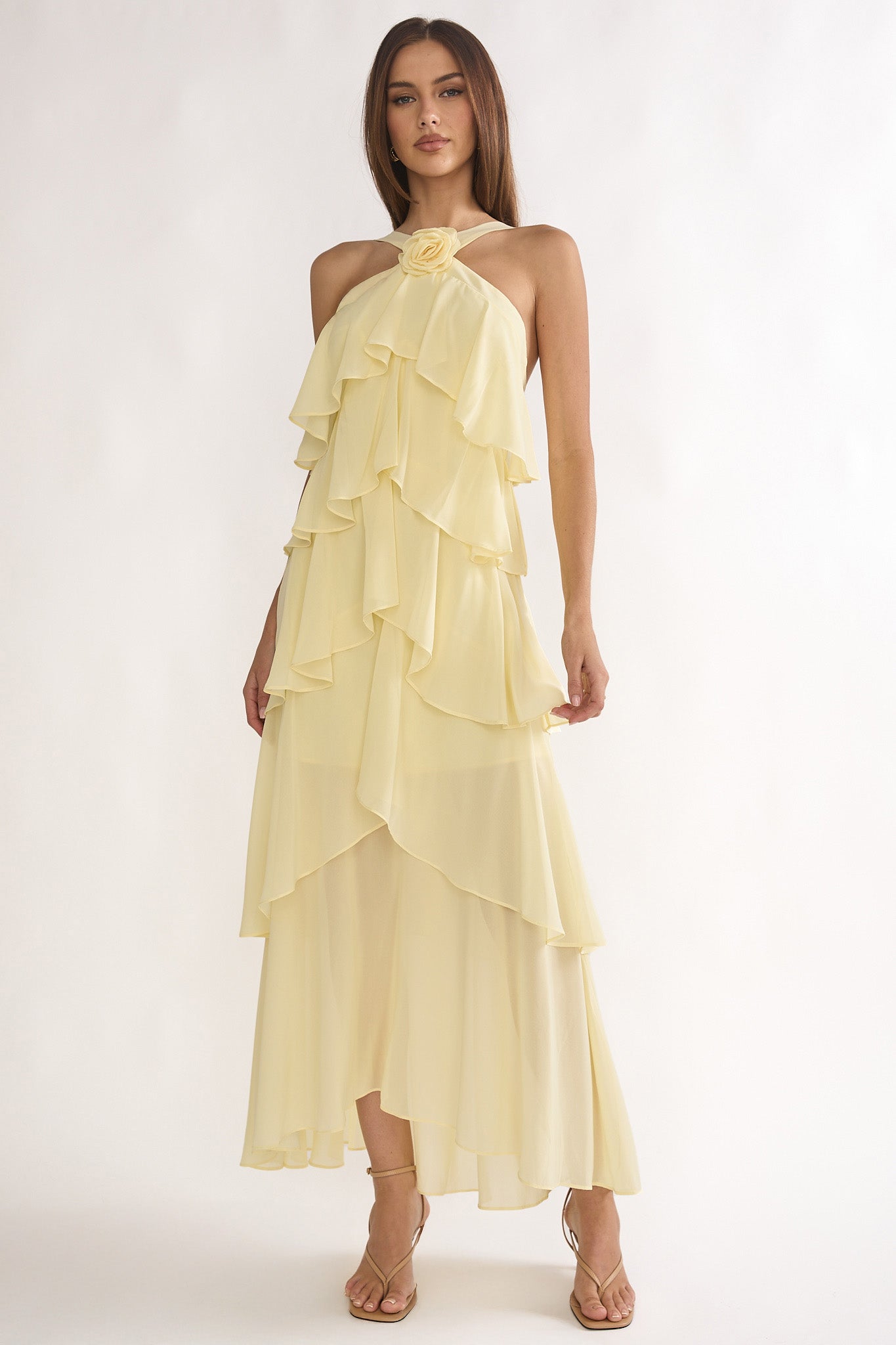 Darylyn Tiered Ruffle Rosette Maxi Dress Yellow | Selfie Leslie