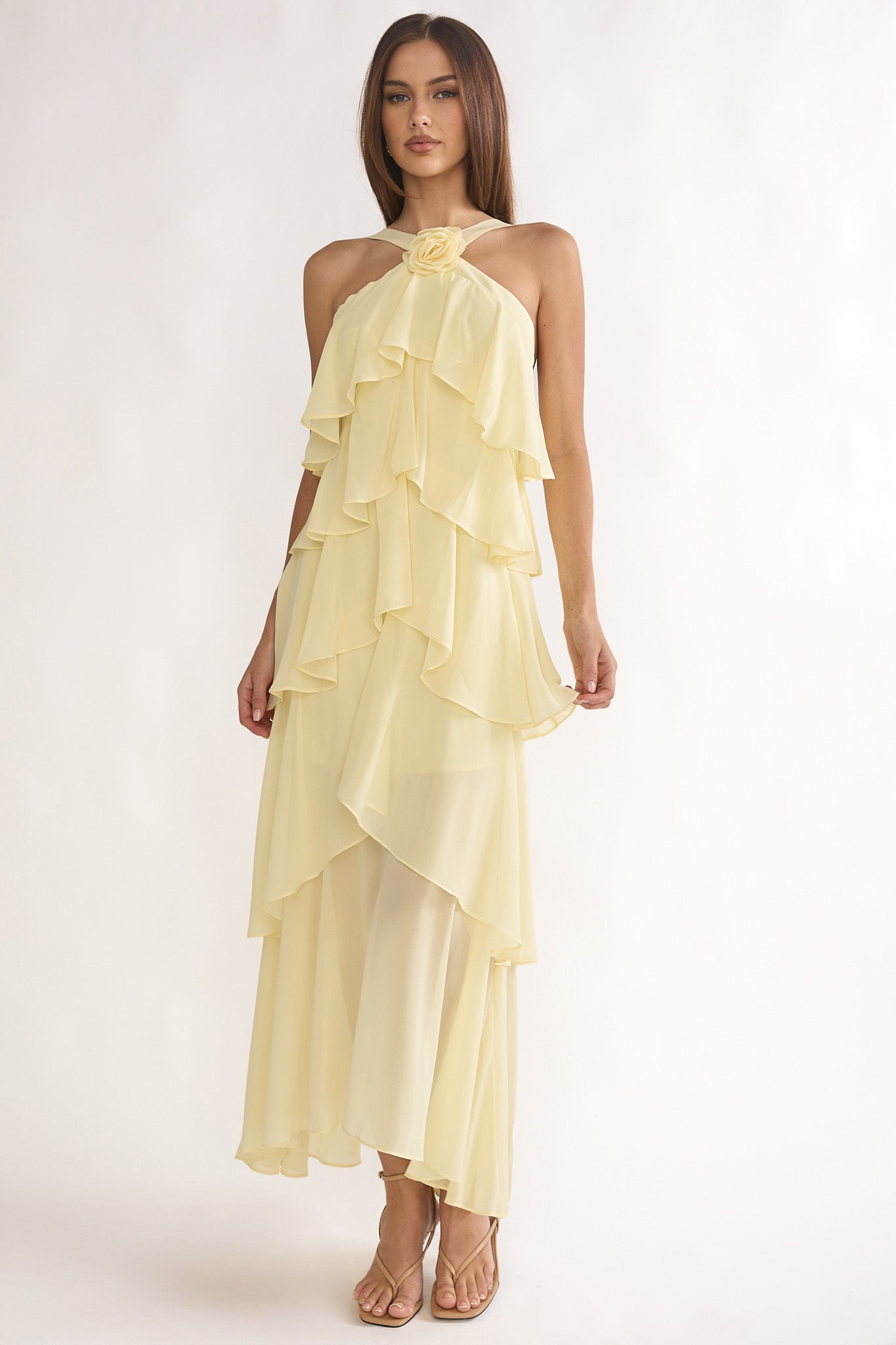 Shop the Darylyn Tiered Ruffle Rosette Maxi Dress Yellow