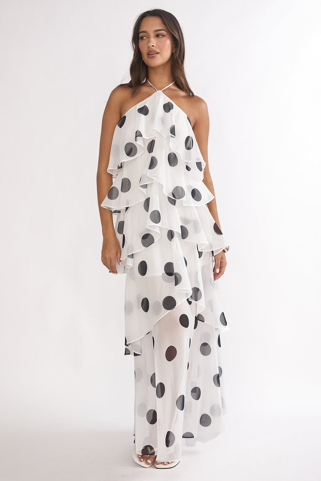 Darylyn Tiered Ruffle Maxi Dress Polka Dot White by Selfie Leslie