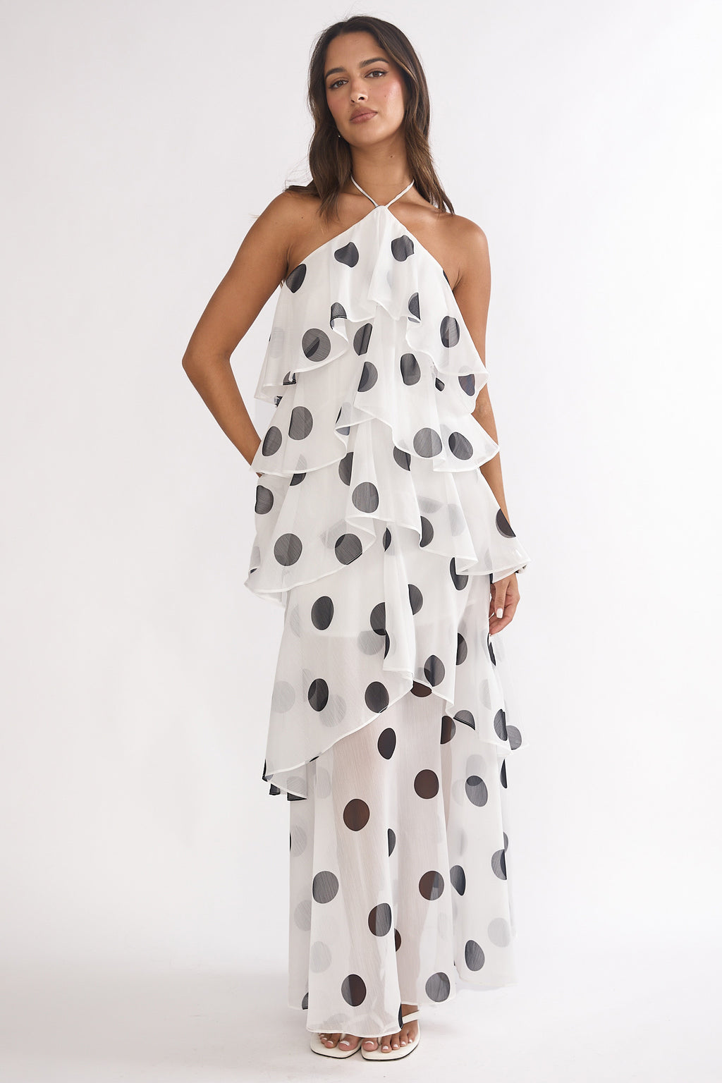 Darylyn Tiered Ruffle Maxi Dress Polka Dot White by Selfie Leslie