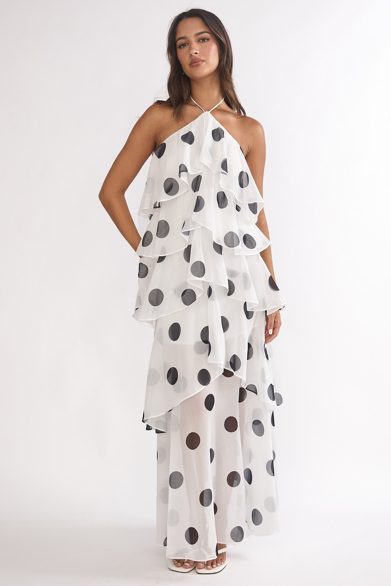 Darylyn Tiered Ruffle Maxi Dress Polka Dot White by Selfie Leslie