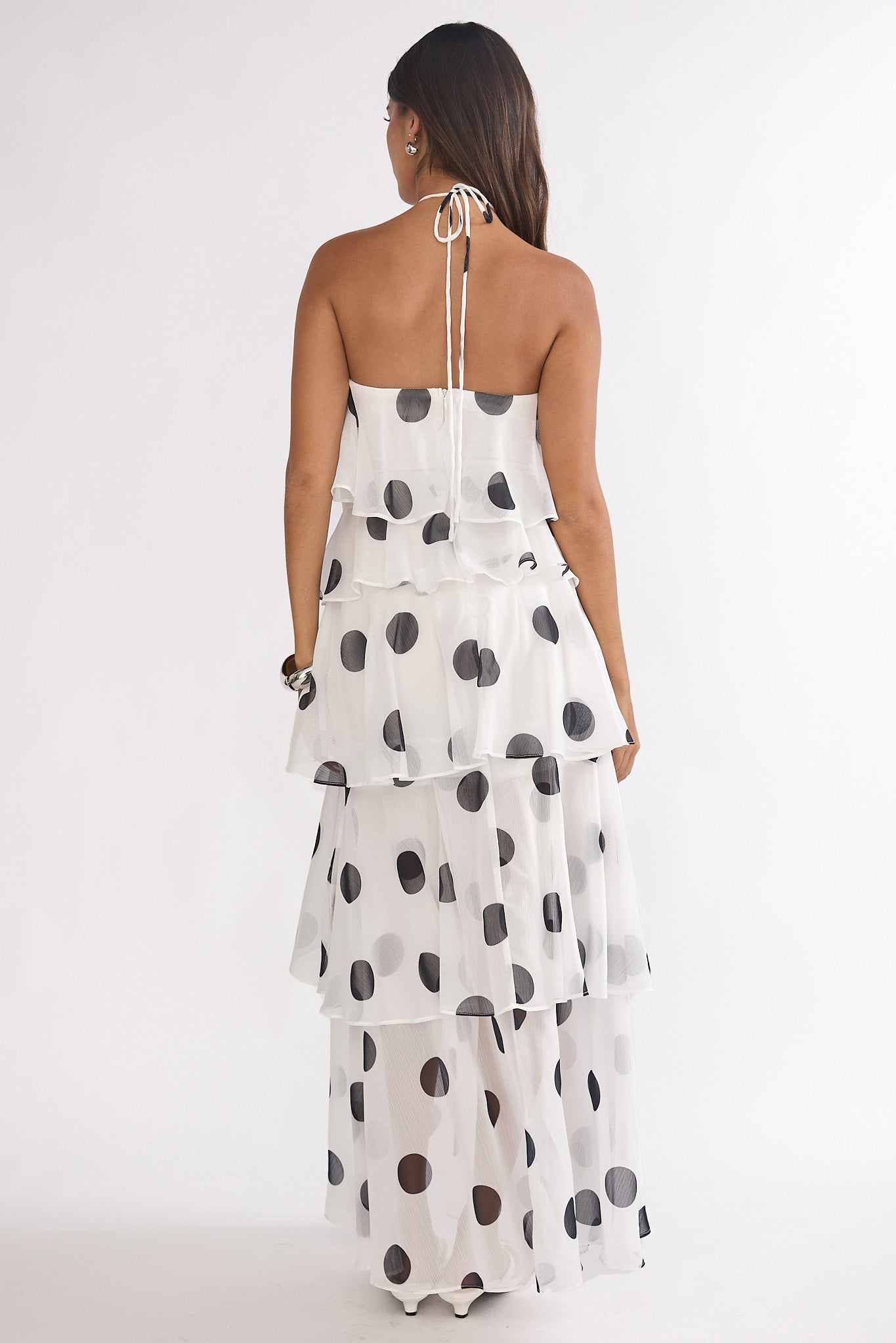 Darylyn Tiered Ruffle Maxi Dress Polka Dot White by Selfie Leslie
