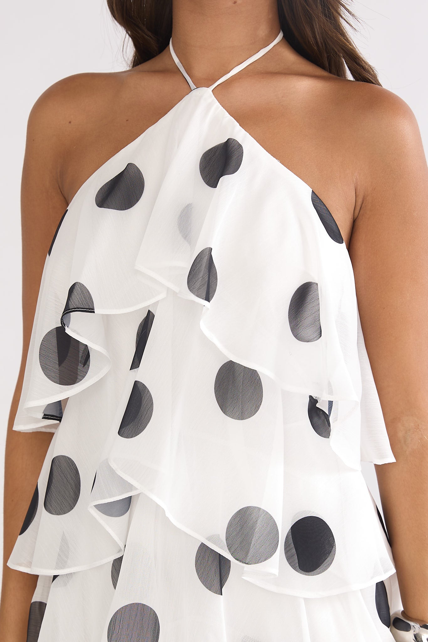 Darylyn Tiered Ruffle Maxi Dress Polka Dot White by Selfie Leslie