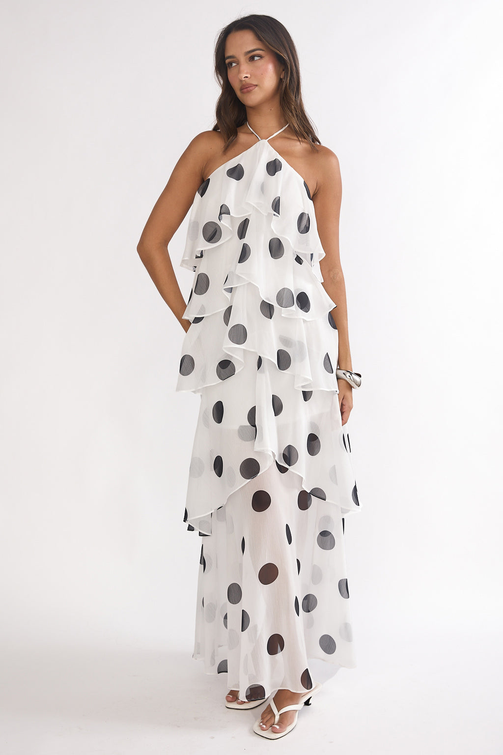 Darylyn Tiered Ruffle Maxi Dress Polka Dot White by Selfie Leslie