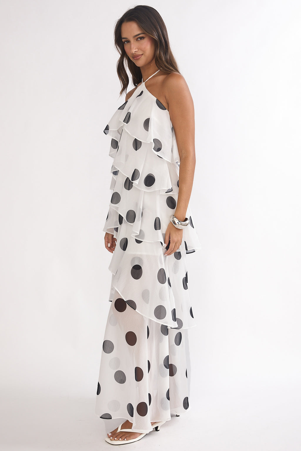 Darylyn Tiered Ruffle Maxi Dress Polka Dot White by Selfie Leslie