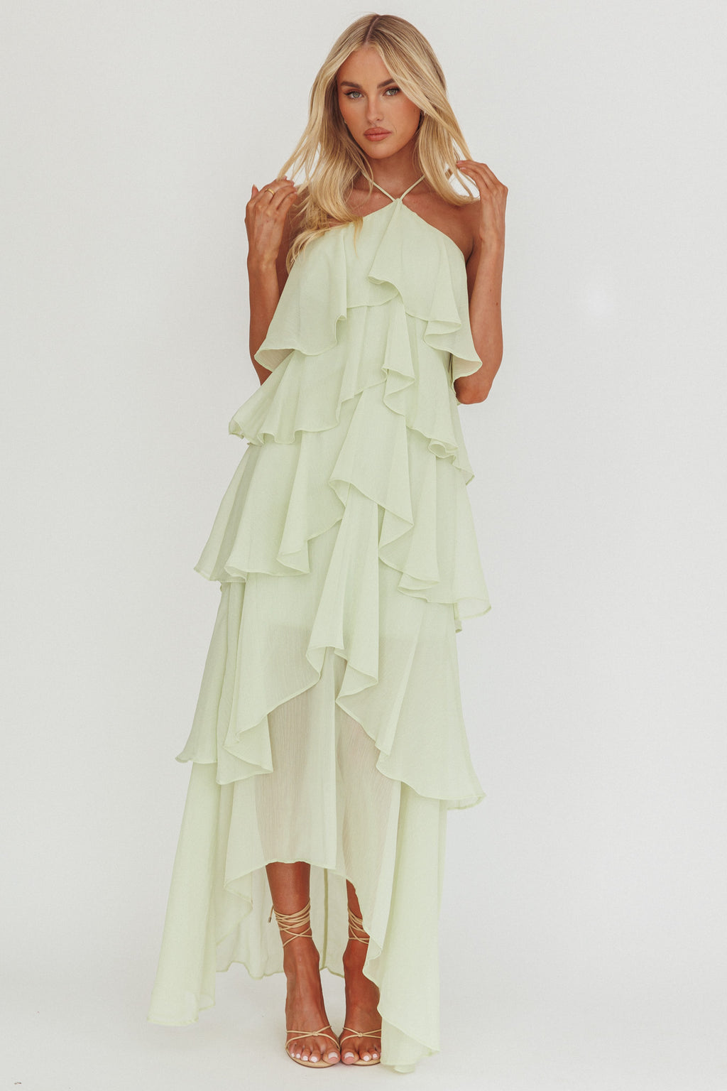 Darylyn Tiered Ruffle Maxi Dress Sage by Selfie Leslie