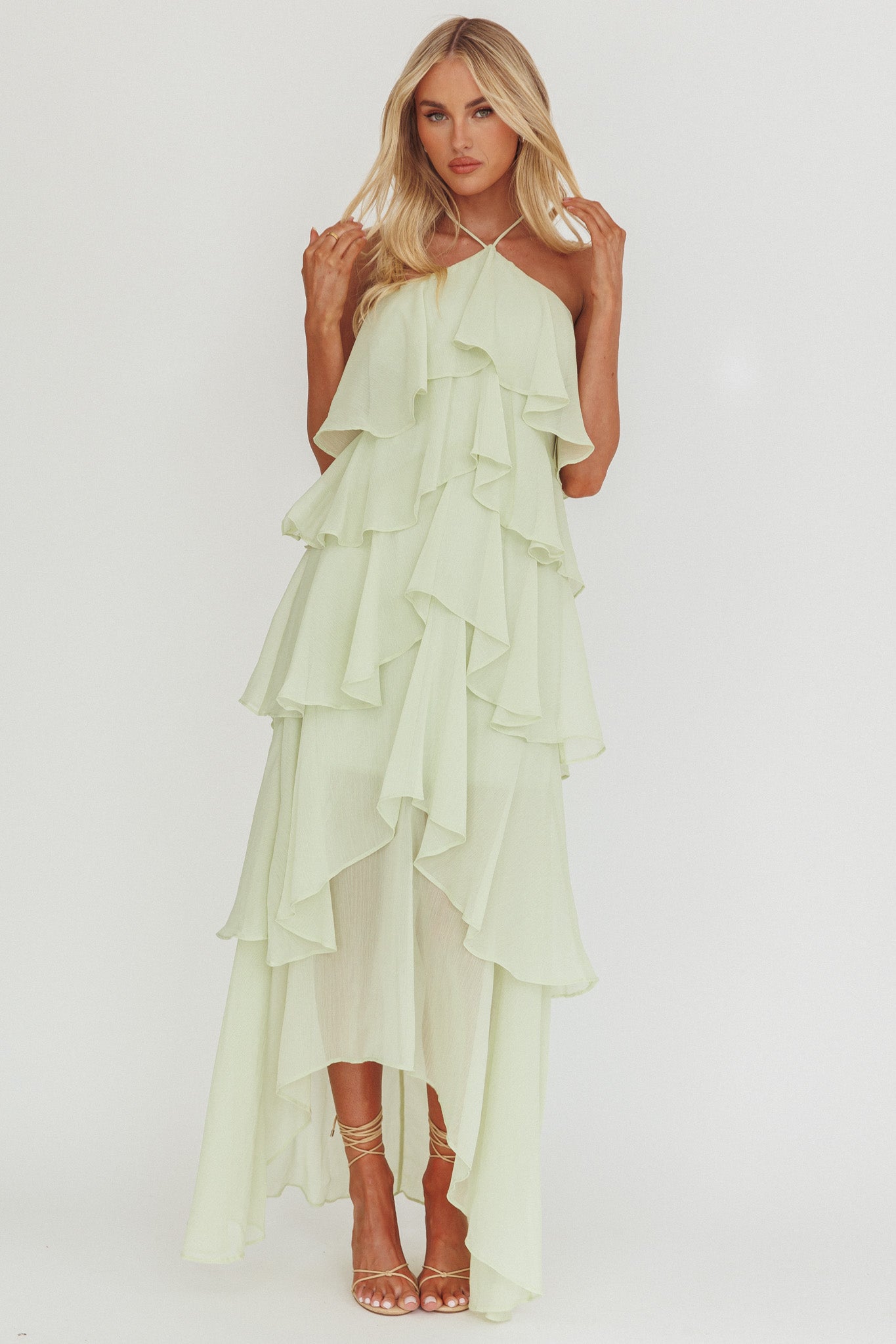 Darylyn Tiered Ruffle Maxi Dress Sage by Selfie Leslie