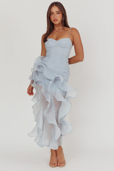 Charmayne Asymmetric Ruffle Trim Maxi Dress Blue | Selfie Leslie Charmayne Asymmetric Ruffle Trim Maxi Dress Blue | Selfie Leslie