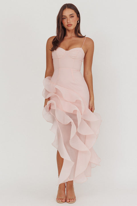 Charmayne Asymmetric Ruffle Trim Maxi Dress Pink Selfie Leslie Charmayne Asymmetric Ruffle Trim Maxi Dress Pink Selfie Leslie