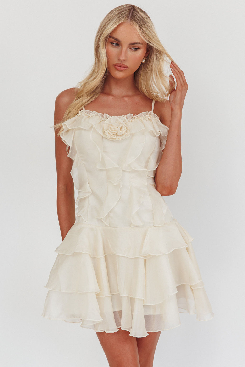 Sweetest Things Frill Trim Rosette Mini Dress Cream by Selfie Leslie