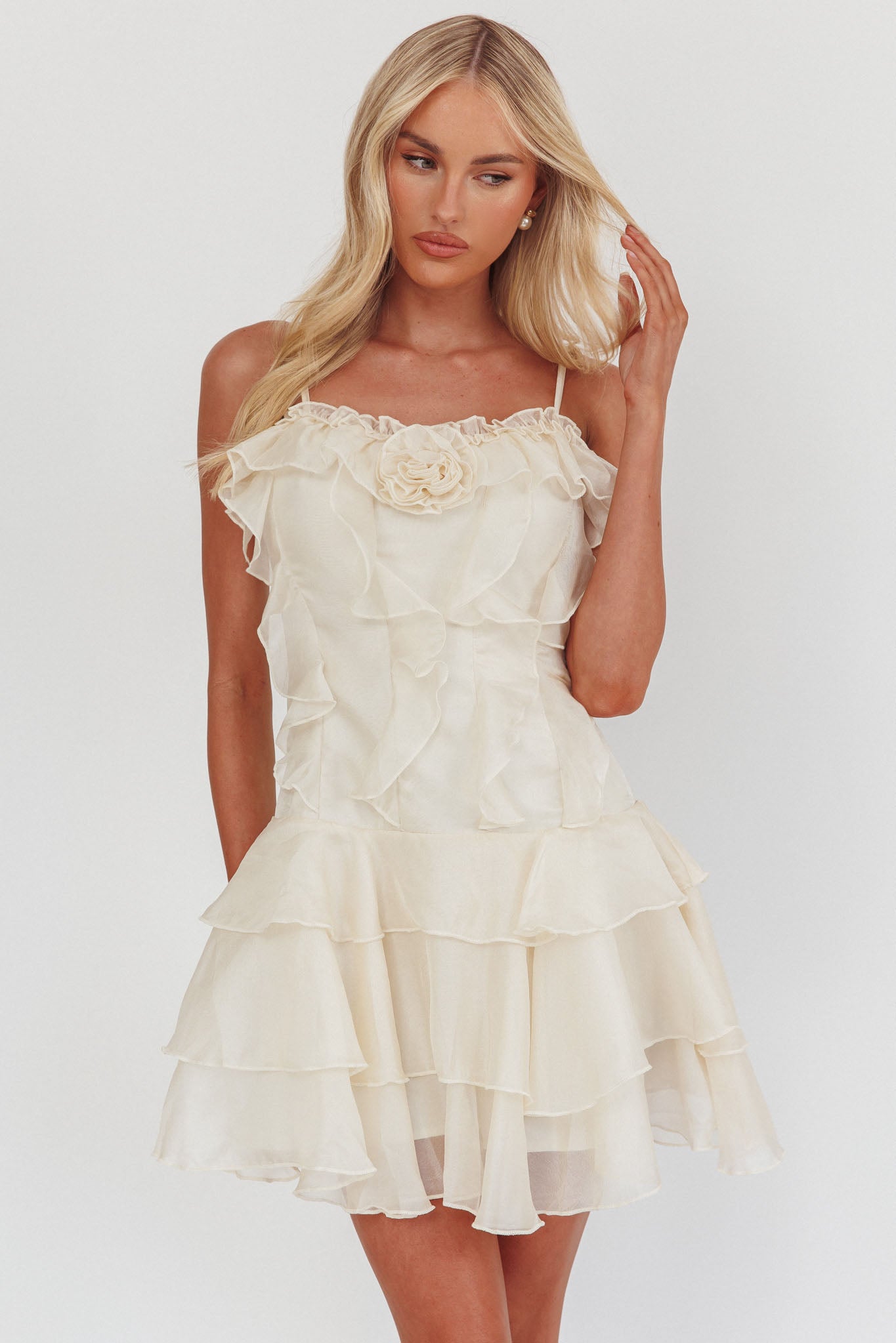 Sweetest Things Frill Trim Rosette Mini Dress Cream by Selfie Leslie