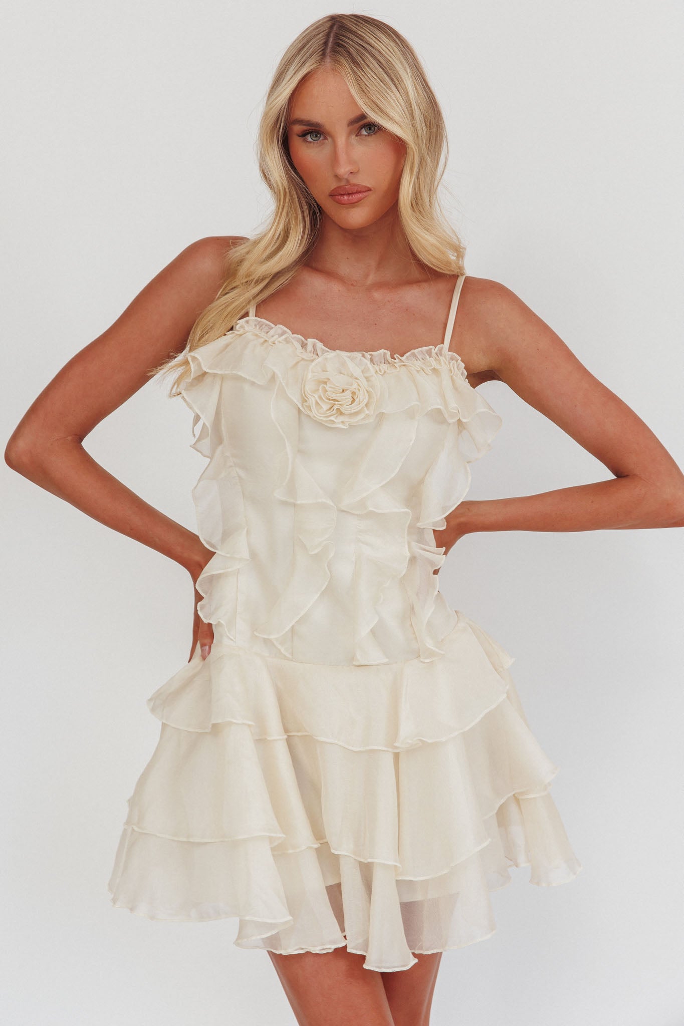 Sweetest Things Frill Trim Rosette Mini Dress Cream | Selfie Leslie
