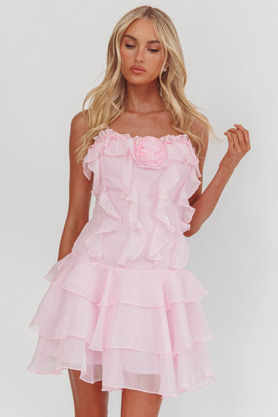 Sweetest Things Frill Trim Rosette Mini Dress Pink | Selfie Leslie