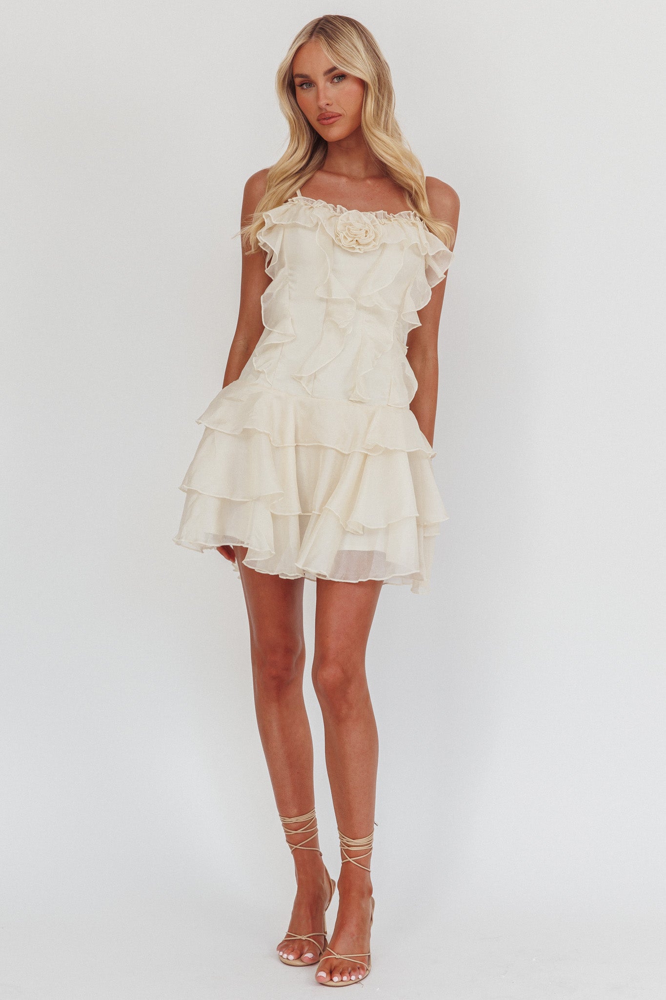 Sweetest Things Frill Trim Rosette Mini Dress Cream by Selfie Leslie