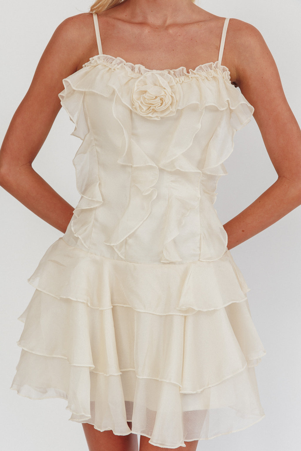 Sweetest Things Frill Trim Rosette Mini Dress Cream by Selfie Leslie