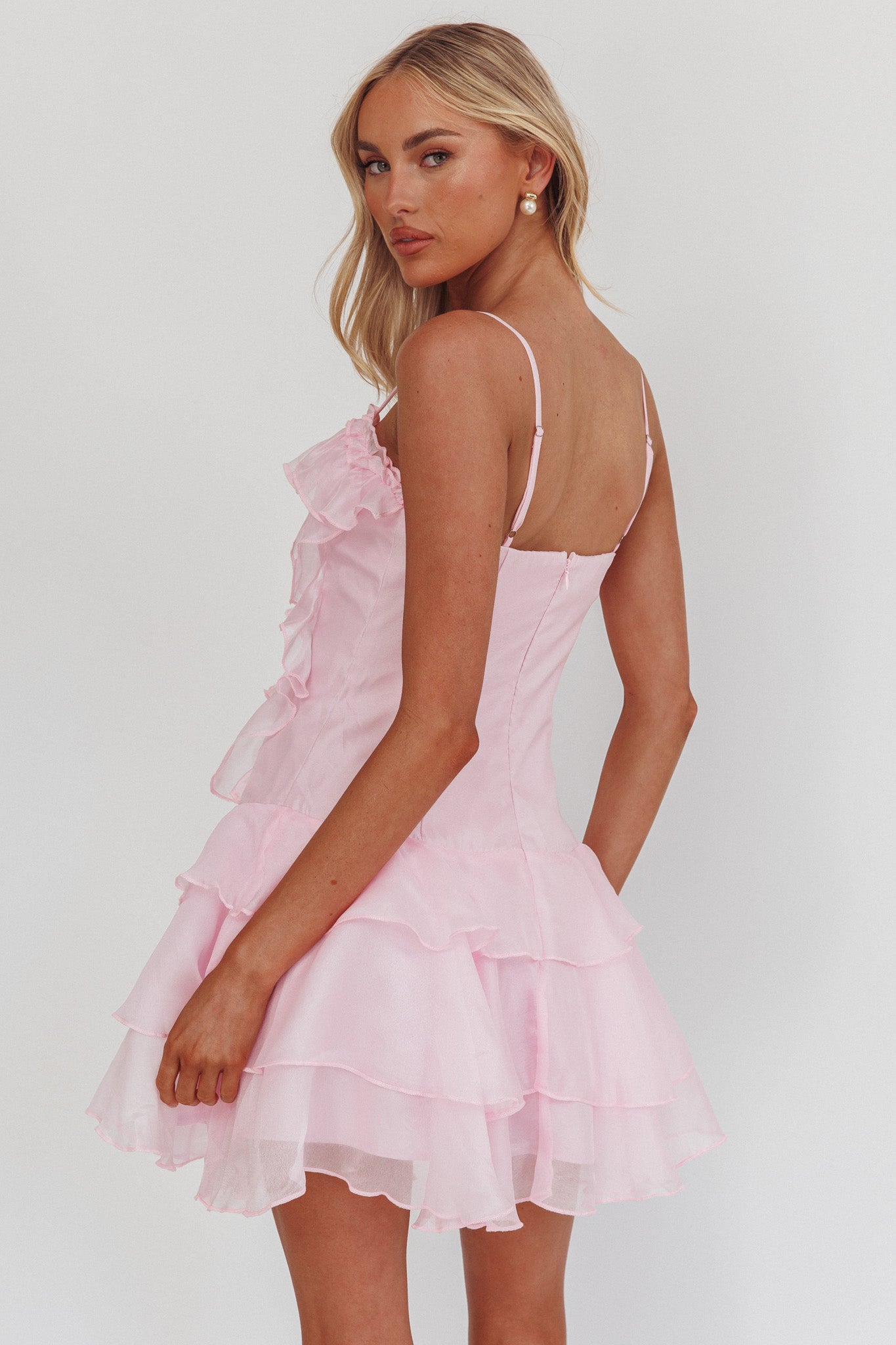Sweetest Things Frill Trim Rosette Mini Dress Pink by Selfie Leslie