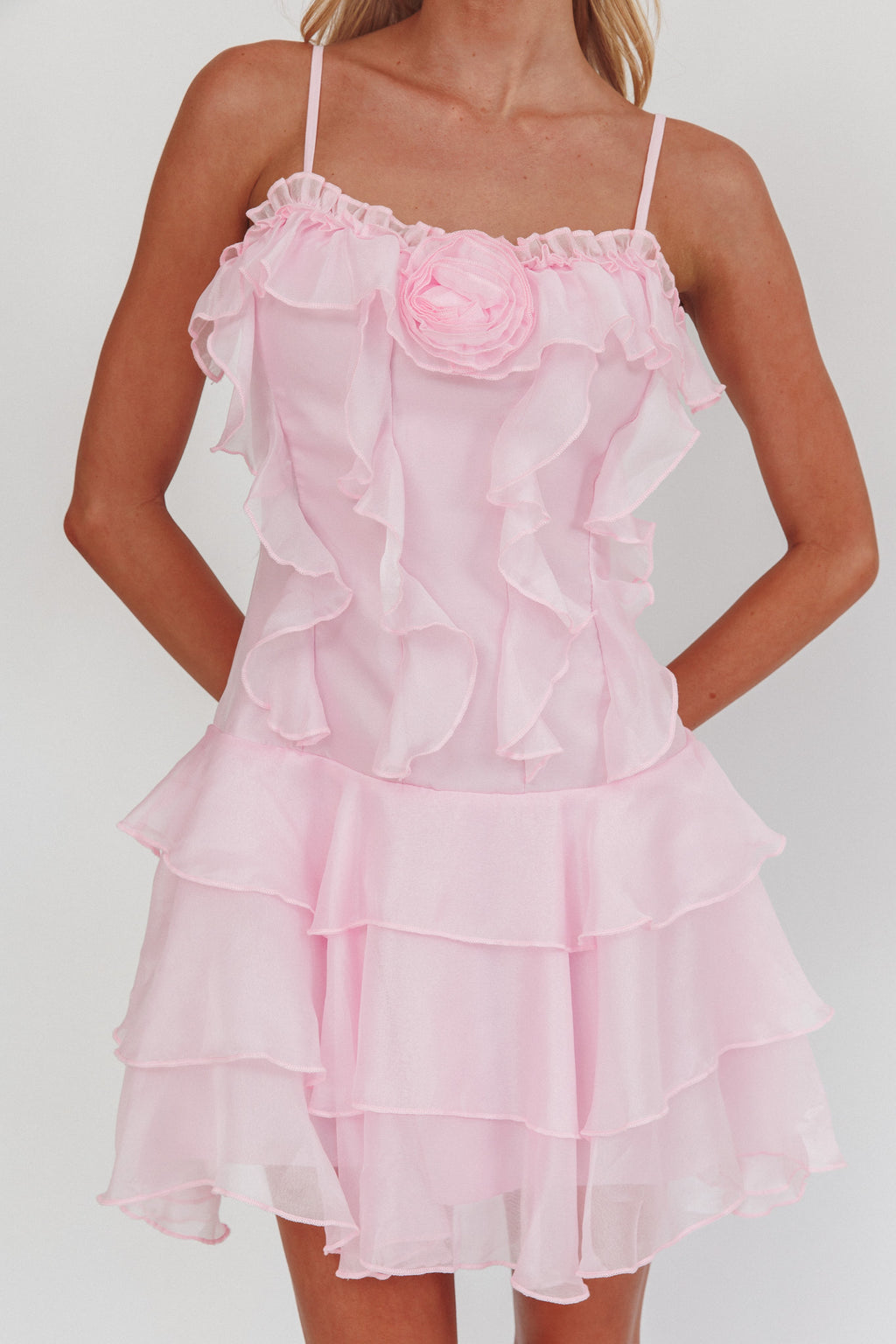 Sweetest Things Frill Trim Rosette Mini Dress Pink by Selfie Leslie