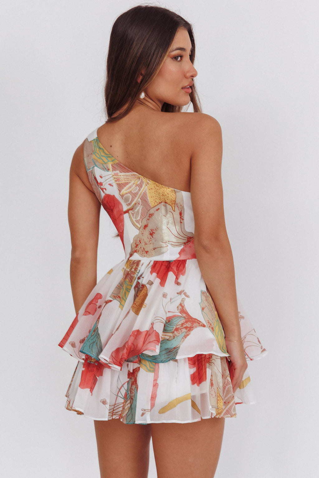 Raelene One-Shoulder Ruffle Romper Floral Red by Selfie Leslie