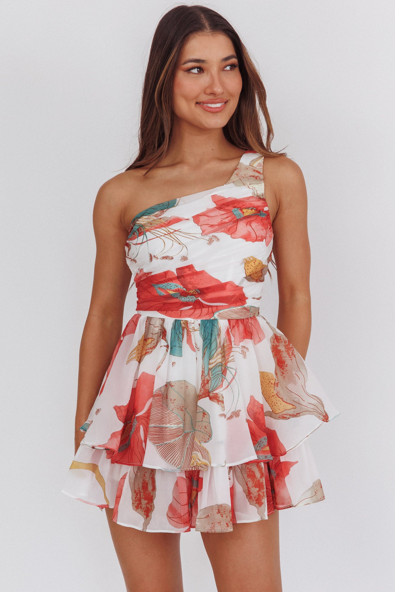 Raelene One-Shoulder Ruffle Romper Floral Red by Selfie Leslie