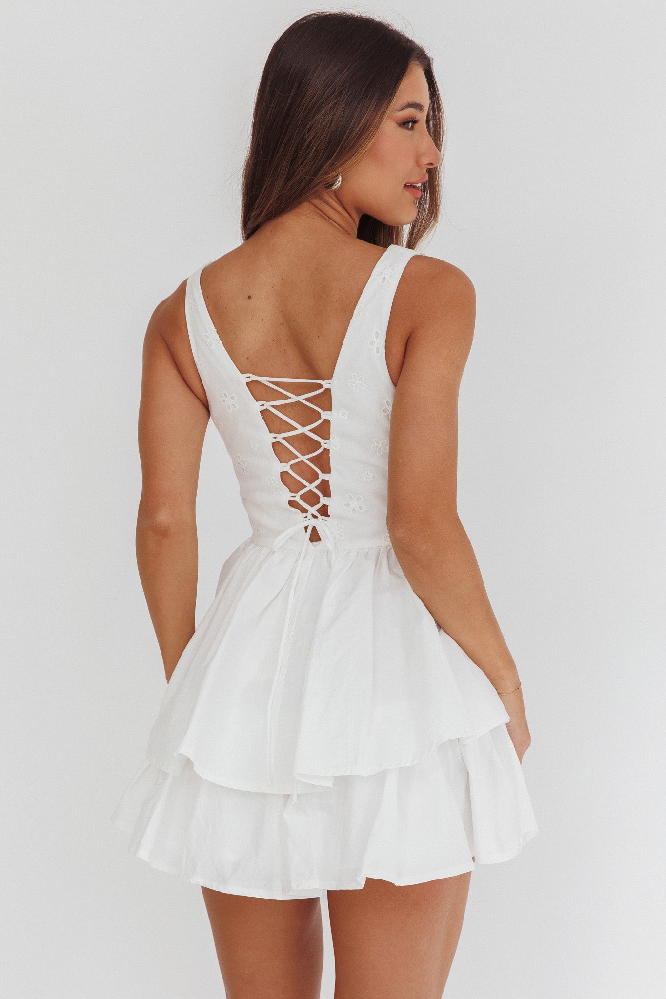 Corella Tied Bust Layered Hem Mini Dress White by Selfie Leslie