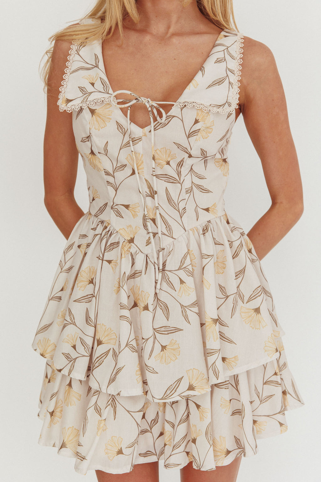 Corella Tied Bust Layered Hem Mini Dress Floral Butter by Selfie Leslie