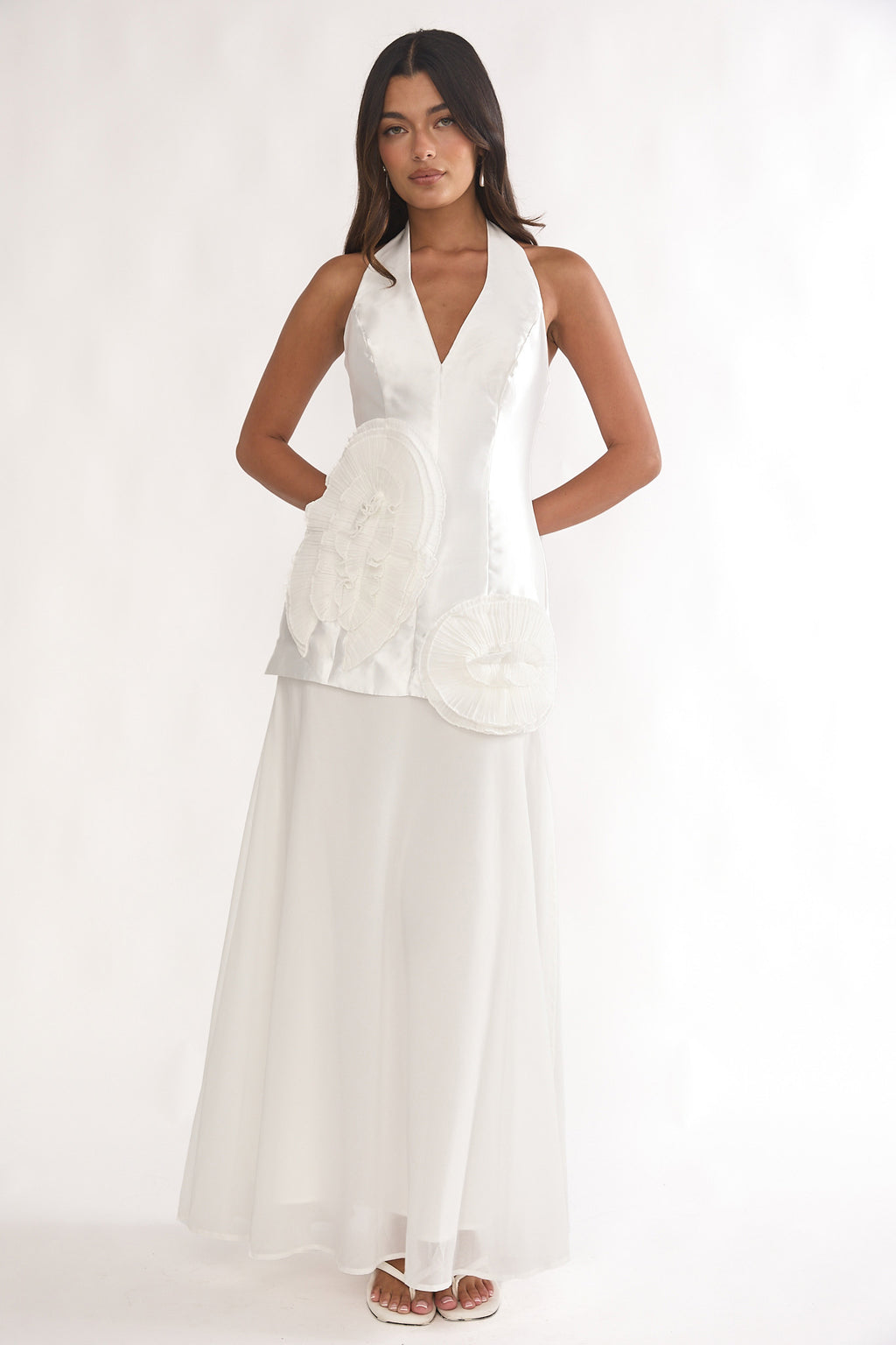 Elyria 3D Ruffle Halter Maxi Dress White by Selfie Leslie