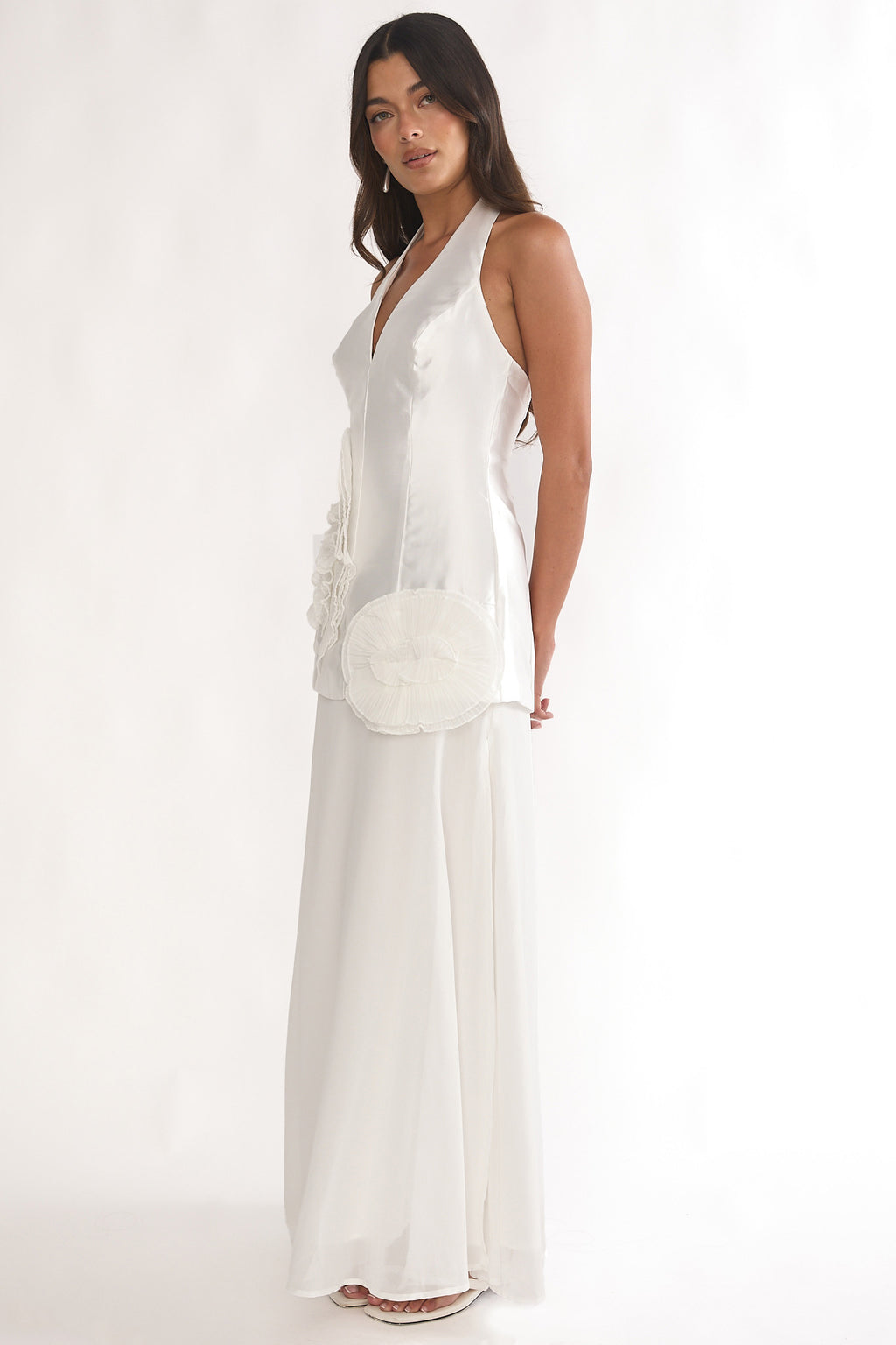 Elyria 3D Ruffle Halter Maxi Dress White by Selfie Leslie