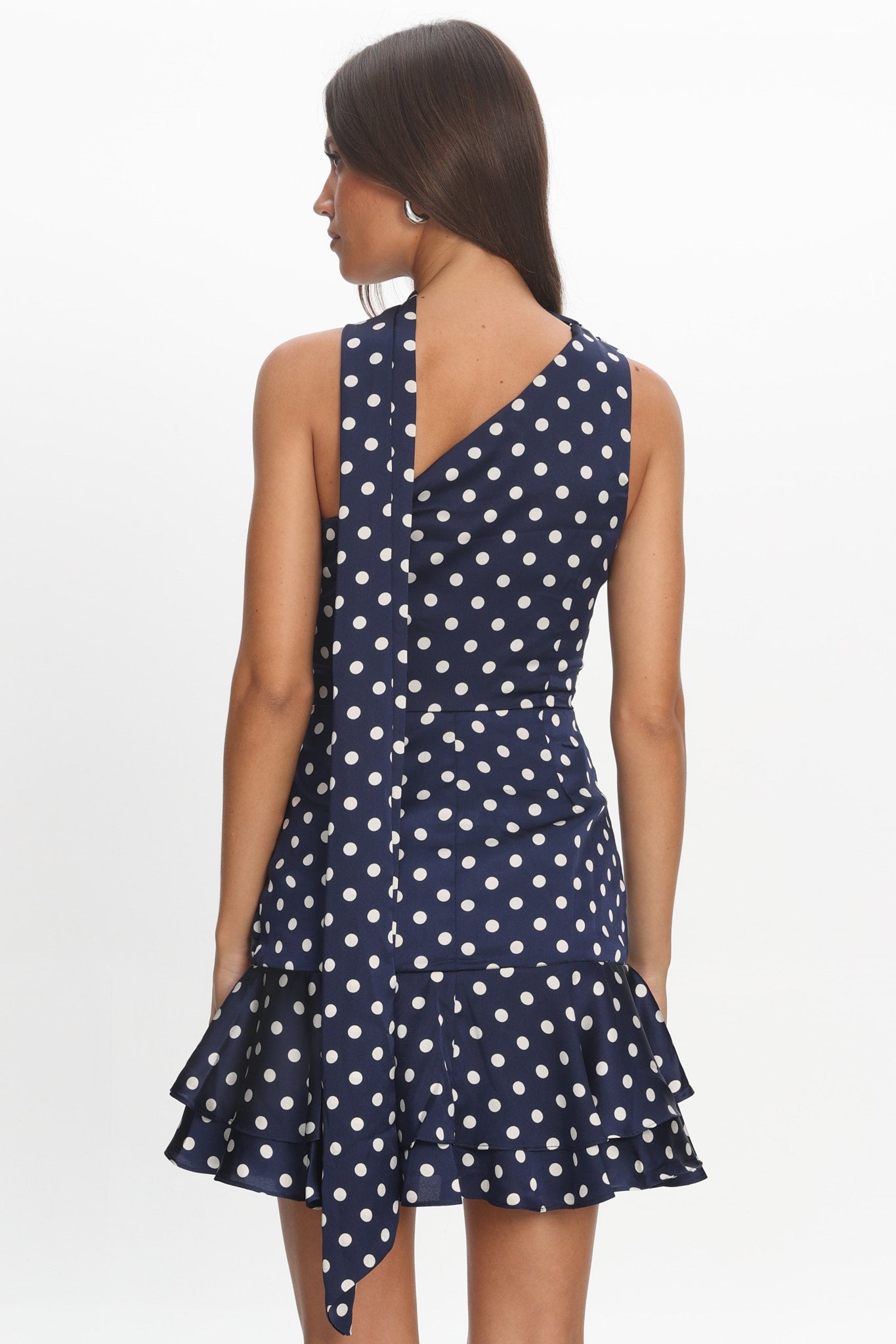 one shoulder polka dot dress Truett One-Shoulder Sash Mini Dress Polka Dot Navy