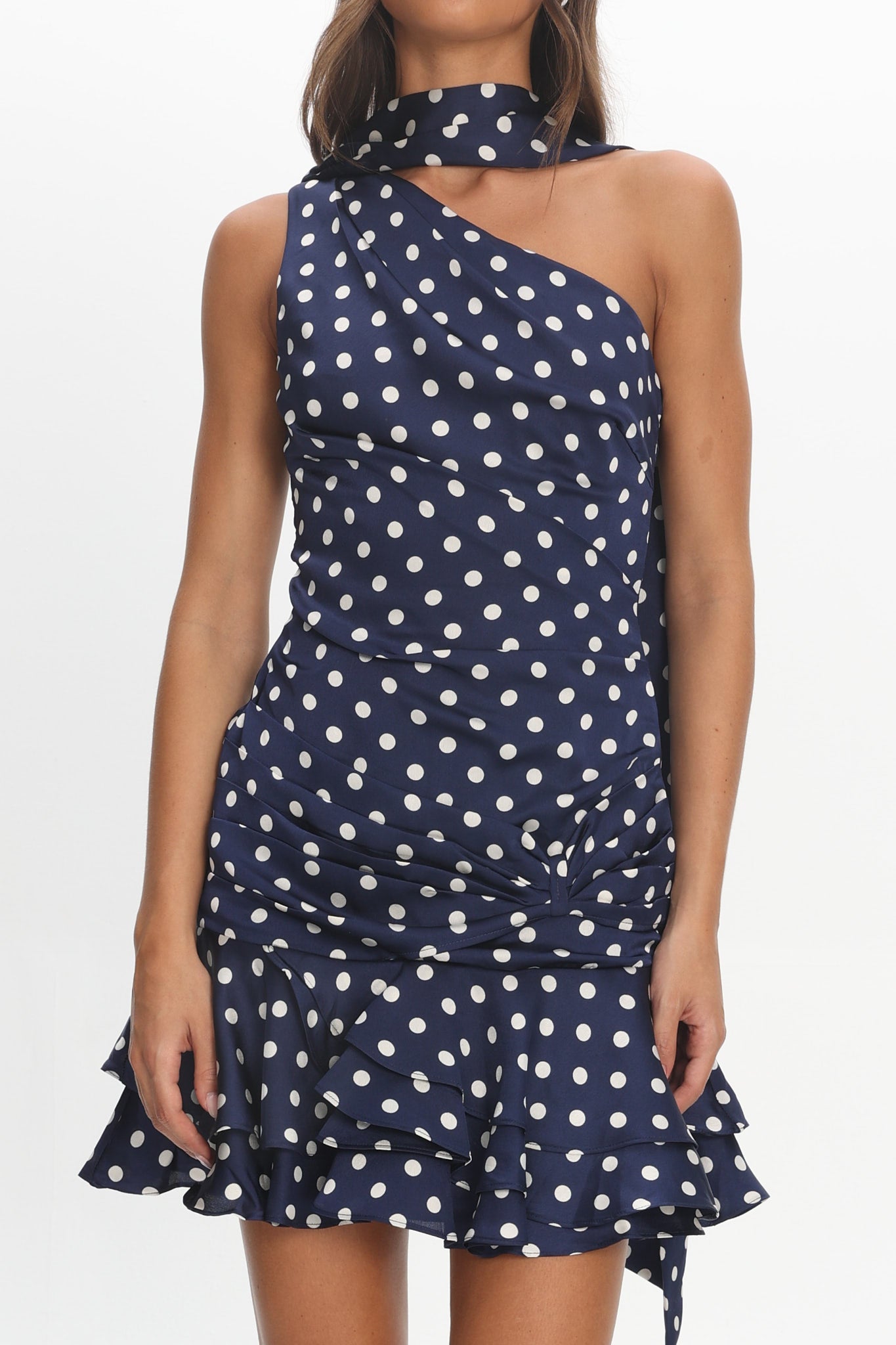 Truett One-Shoulder Sash Mini Dress Polka Dot Navy | Selfie Leslie