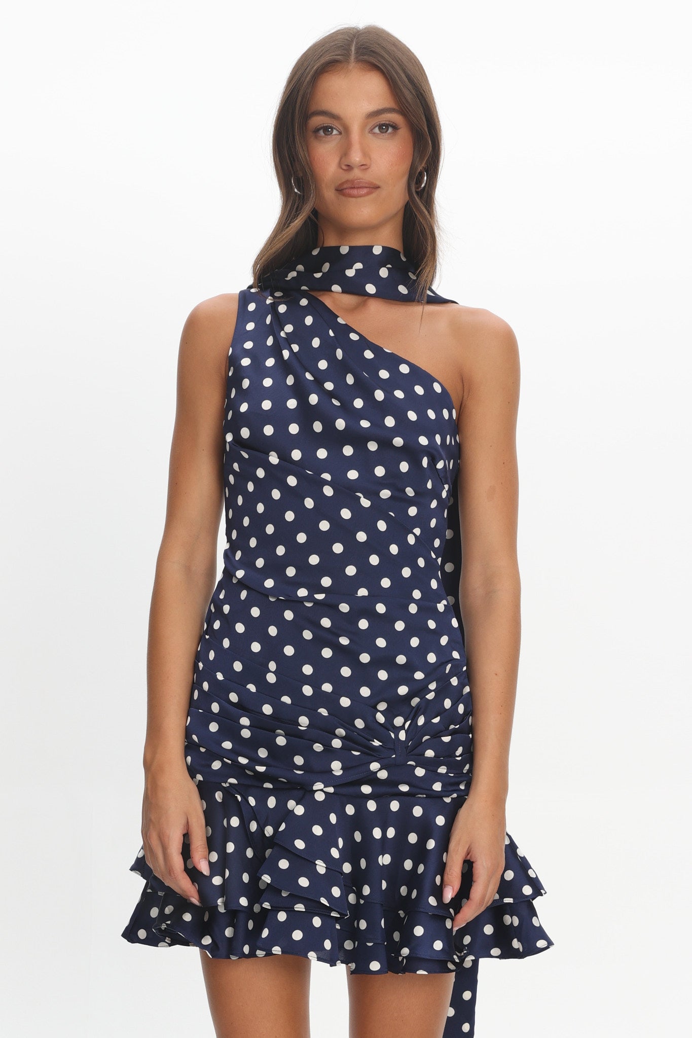 Truett One-Shoulder Sash Mini Dress Polka Dot Navy | Selfie Leslie