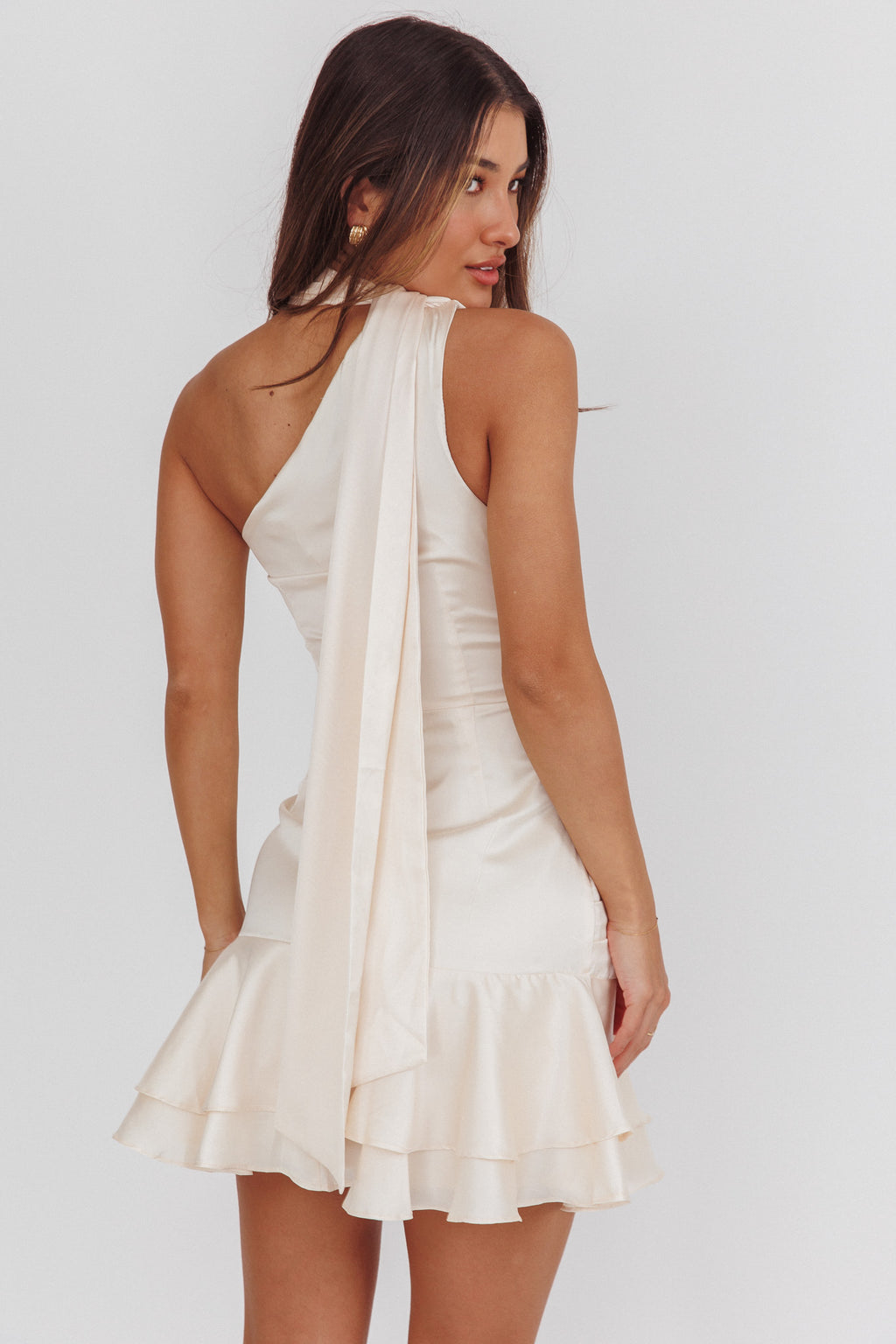 Truett One-Shoulder Shoulder Sash Mini Dress Eggshell by Selfie Leslie