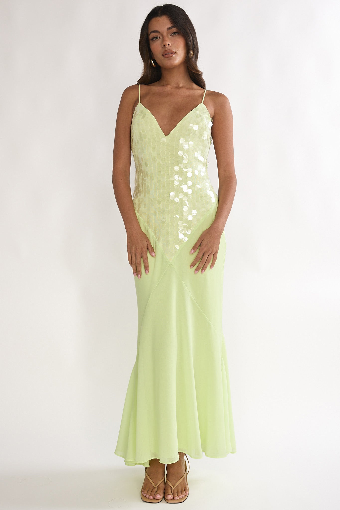 yellow sequin maxi dress Meranda V-Neck Formal Wedding Attire Semi while delicate crossover straps PLAYFUL Material:Silk Blend