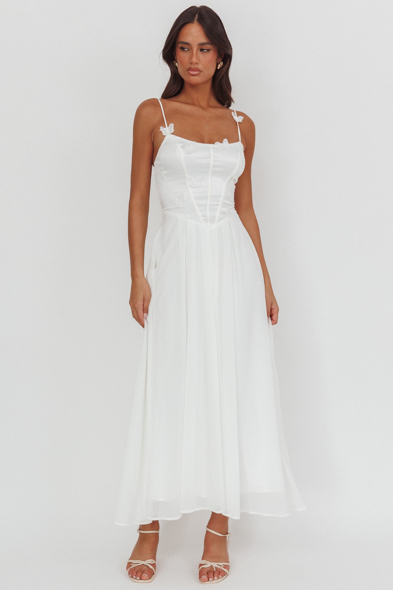 butterfly meadow bodice cami maxi dress Lora Cami Strap Butterfly Dress White