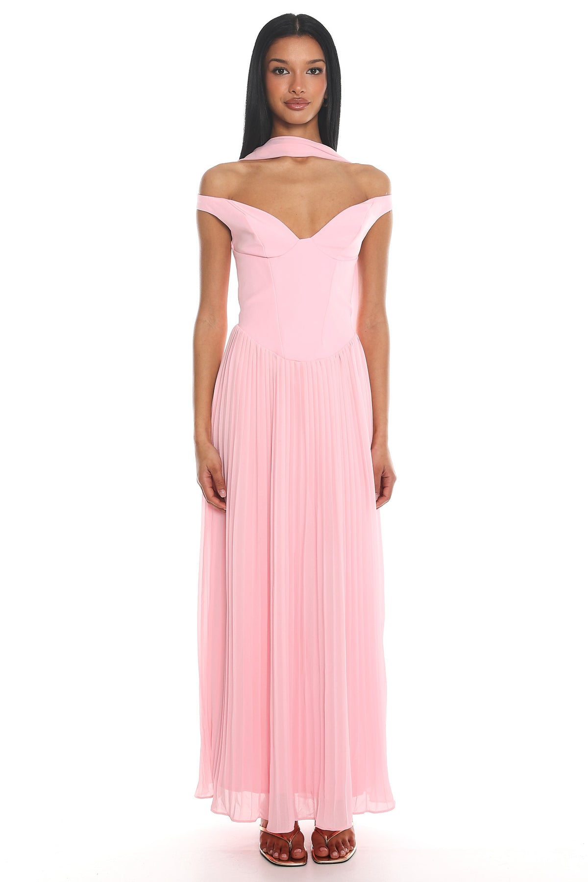 Quinnae Off-Shoulder Accordion Pleat Maxi Dress Pink by Selfie Leslie
