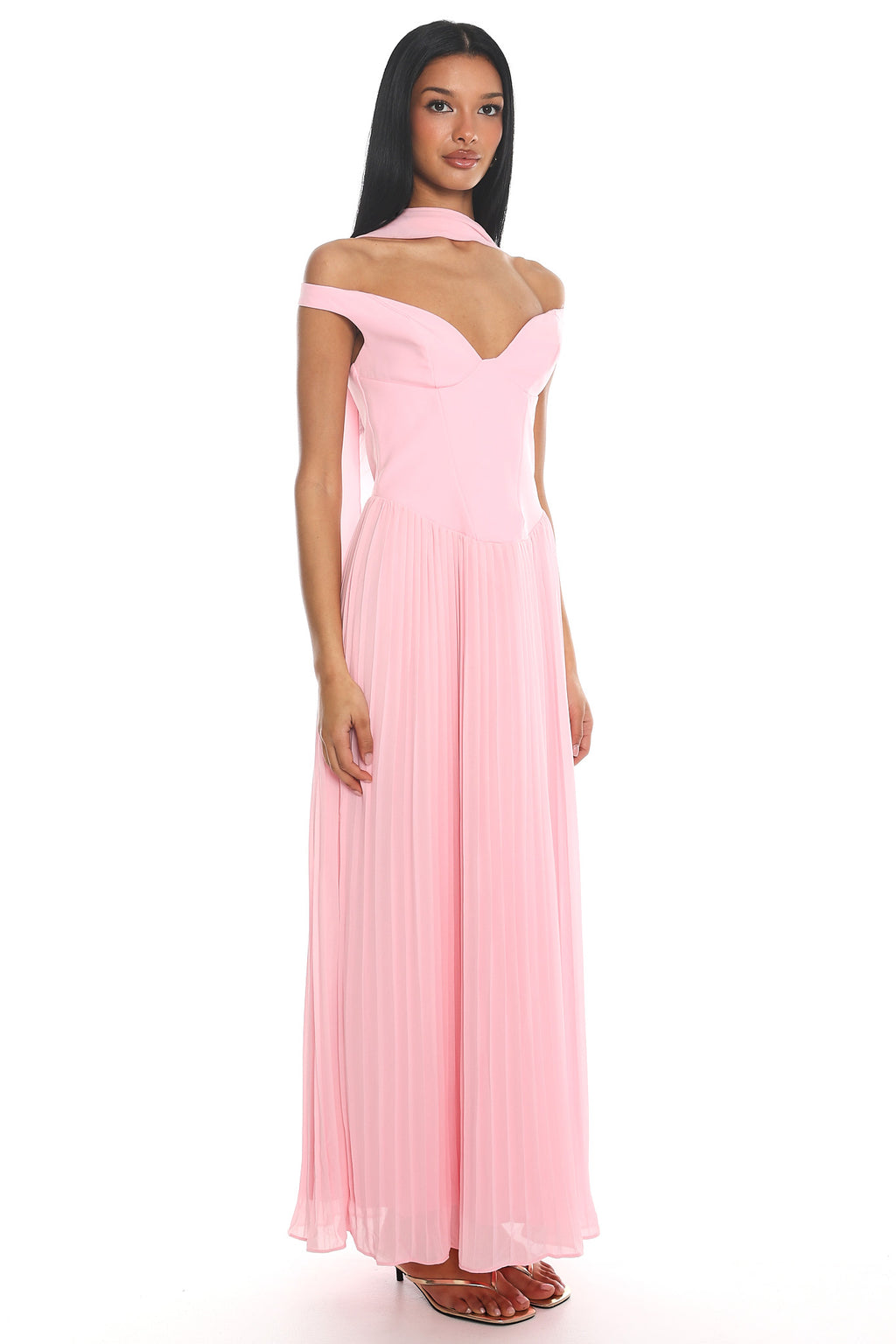 Quinnae Off-Shoulder Accordion Pleat Maxi Dress Pink by Selfie Leslie