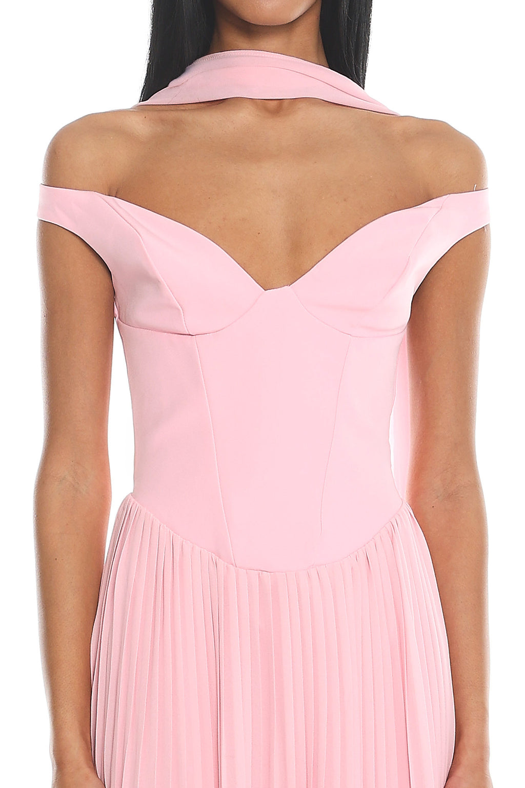 Quinnae Off-Shoulder Accordion Pleat Maxi Dress Pink by Selfie Leslie
