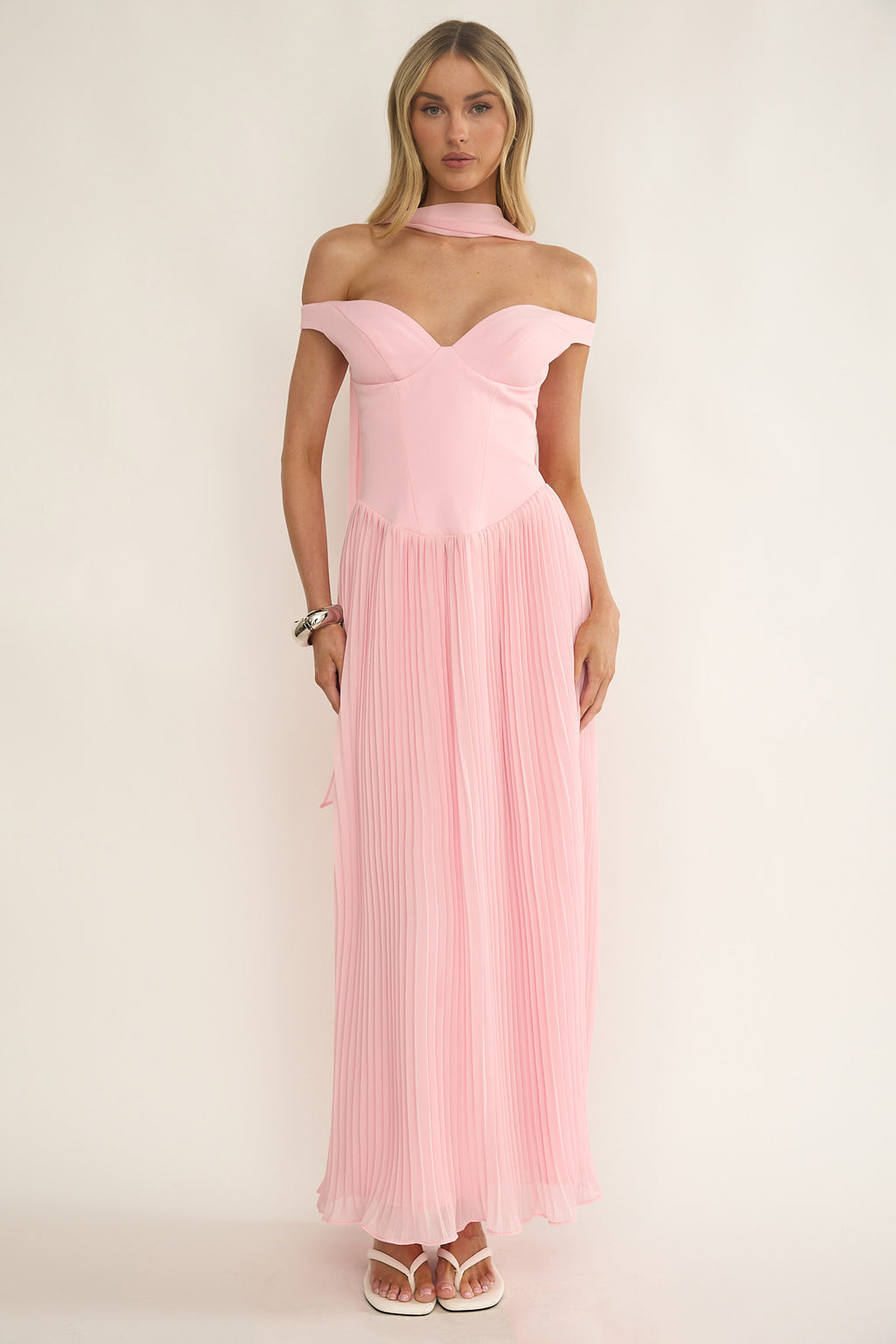 Quinnae Off-Shoulder Accordion Pleat Maxi Dress Pink by Selfie Leslie