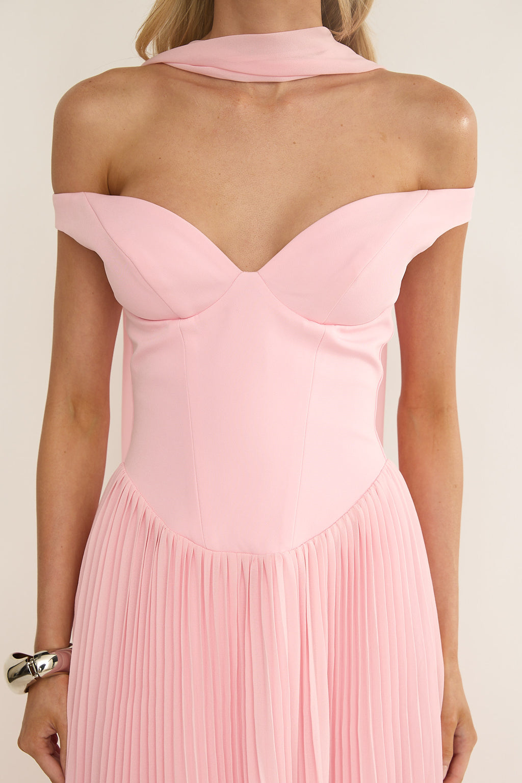 Quinnae Off-Shoulder Accordion Pleat Maxi Dress Pink by Selfie Leslie