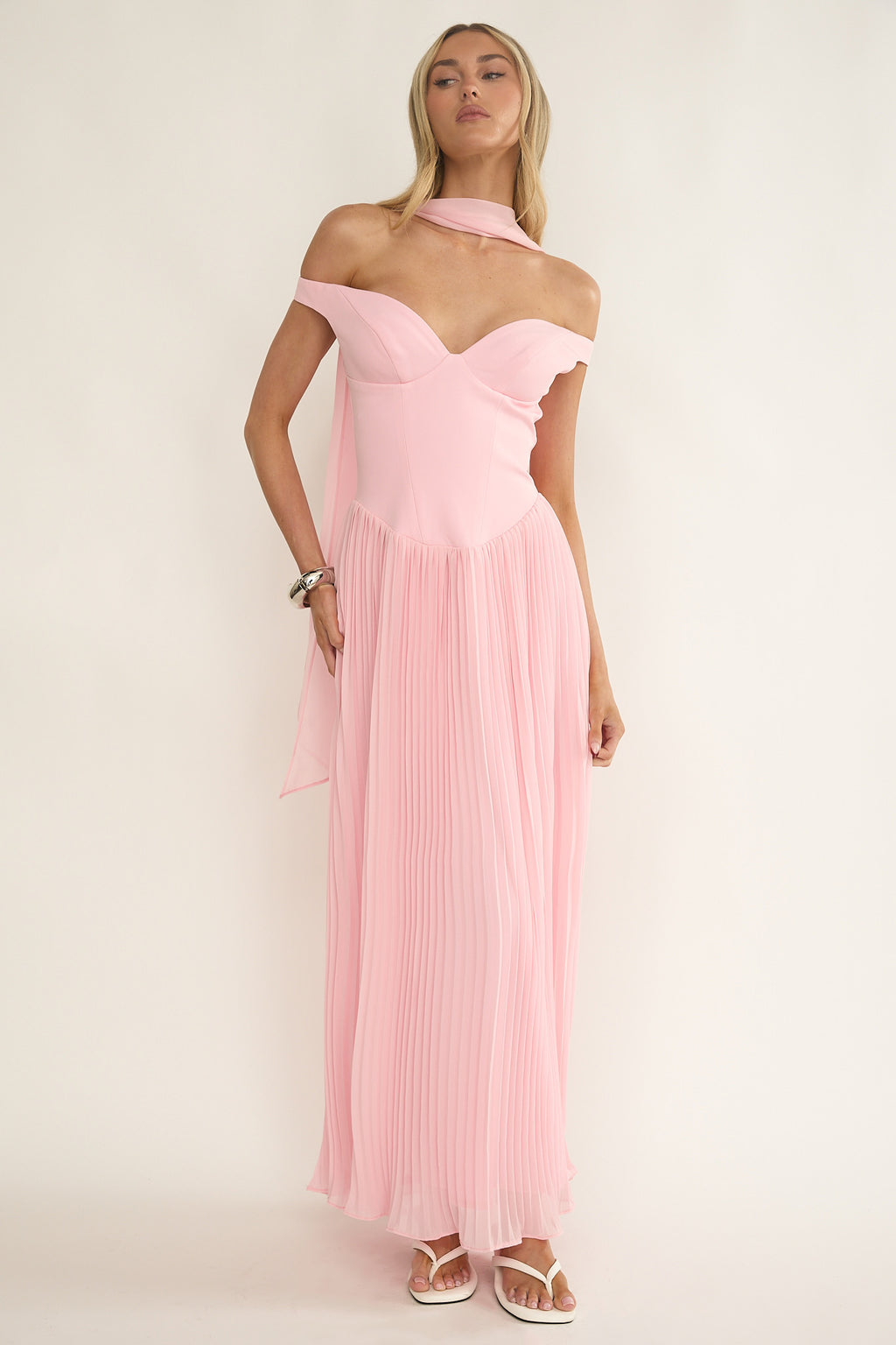 Quinnae Off-Shoulder Accordion Pleat Maxi Dress Pink by Selfie Leslie
